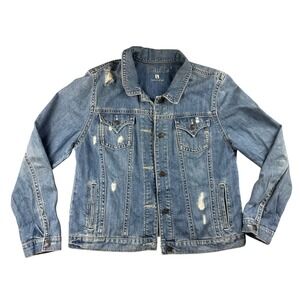 Miss Me Denim Jacket Women L Blue Distressed Button Front Western Trucker Cotton